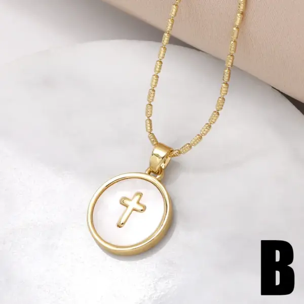 Wholesale Copper Bamboo Necklace 18K Gold Plated Plating Inlaid Shell Cross Virgin Mary Pendant Necklace