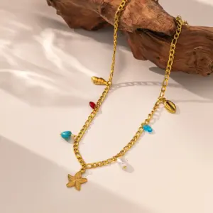 5【H6086】Colored Stone Conch and Starfish Necklace / Gold