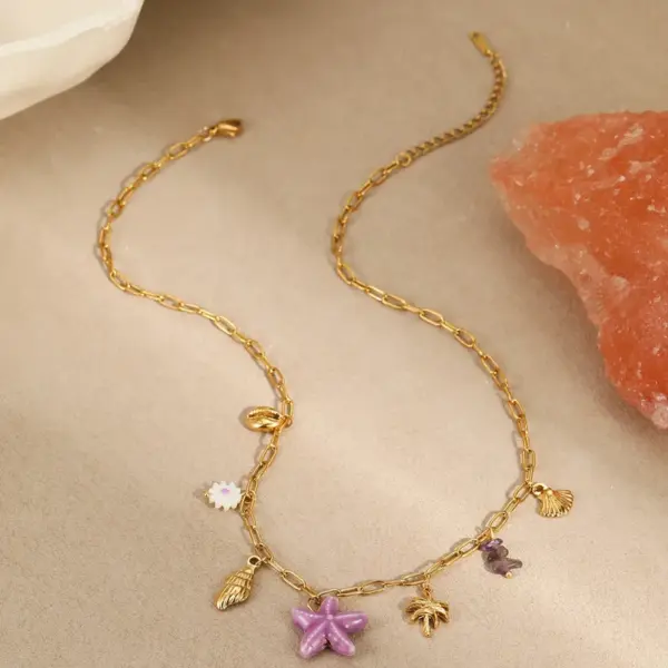 Wholesale PVD Coated Real Gold Plated Starfish Conch Coral 304 Stainless Steel Vacation Marine Style Waterproof Non Tarnish Jewelry Set
