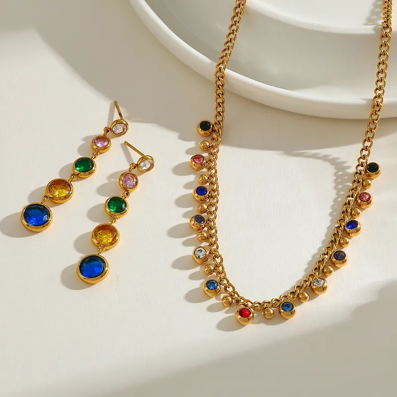 Wholesale Stainless Steel 18K Gold Plated Necklace And Earring Set With Multiple Pendants And Embedded Zirconia Stones For Women