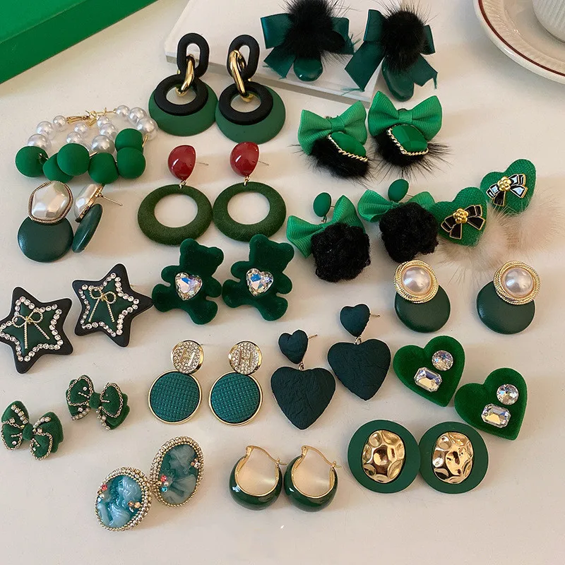 Wholesale 1 Pair Retro Bear Heart Shape Bow Knot Enamel Alloy Artificial Pearls Rhinestones Cat's Eye Stone Earrings