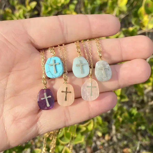 Wholesale Fashion Cross Stainless Steel Natural Stone Plating Pendant Necklace