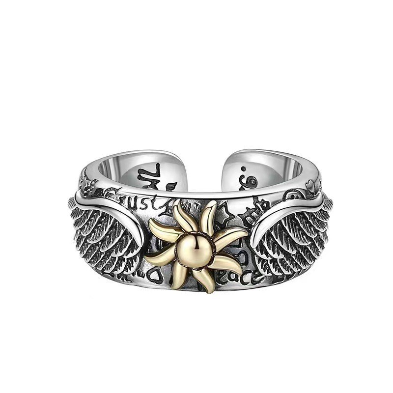 Wholesale TikTok Retro Suower Ring Men's Trendy Personalized Open Men's Angel Wings Single Ring Ring Jewelry
