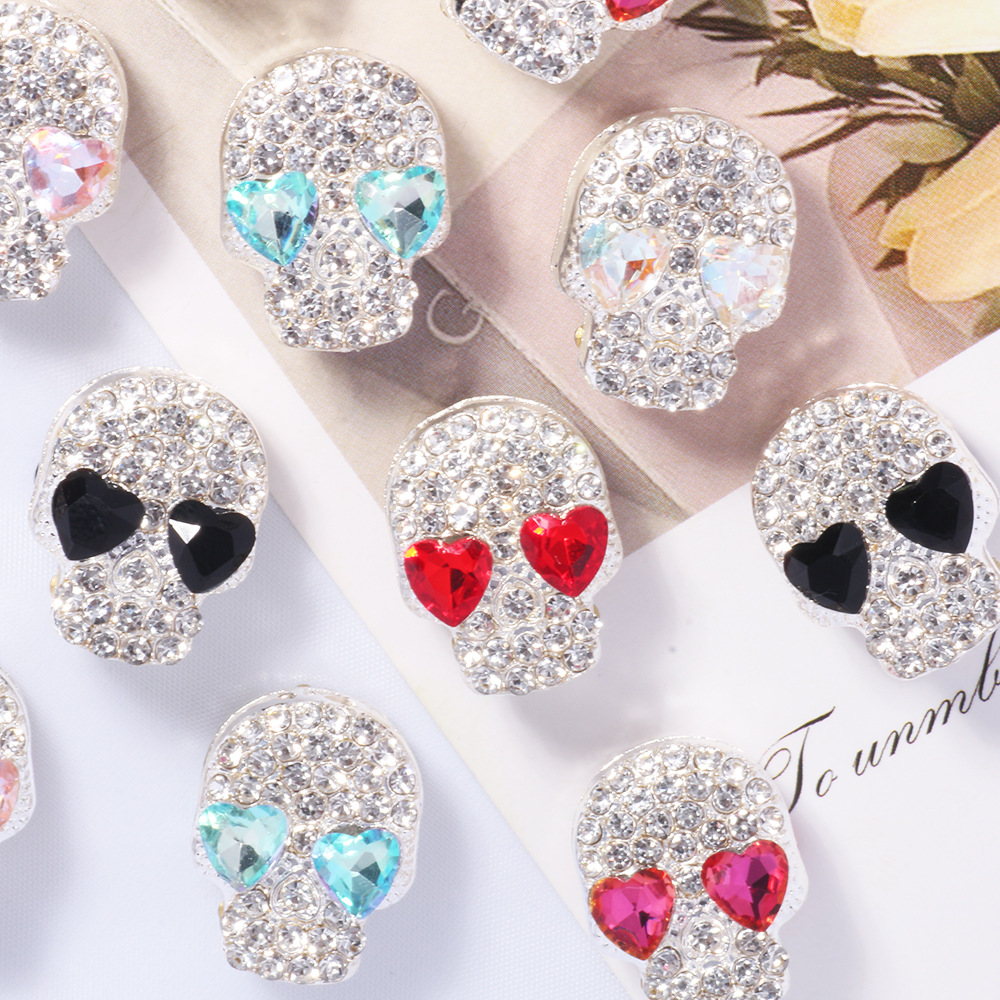 Wholesale Double-Sided Full Diamond Alloy Skull Straight Hole Loose Beads DIY Mobile Phone Chain Key Chain Bag Chain Jewelry Aessories