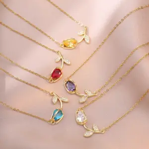 Wholesale Jewelry Elegant Tulips Titanium Steel Copper Zircon Pendant Necklace Cable Chain