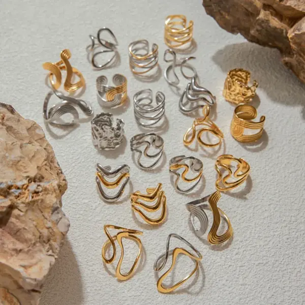 PVD Coated Real Gold Plated Geometric 304 Stainless Steel IG Style Elegant Retro Waterproof Non Tarnish Open Rings