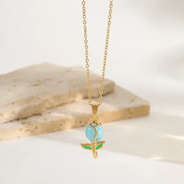 Wholesale Jewelry Elegant Simple Style Flower 304 Stainless Steel 18K Gold Plated Enamel Plating Pendant Necklace Cable Chain