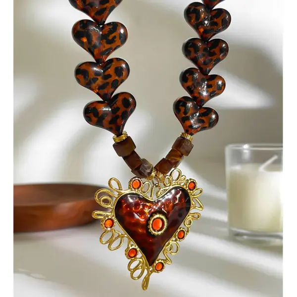 Wholesale 1 Piece Fashion Retro Stainless Steel Big Heart Resin Ball Bead 18K Gold Waterproof Non-Fading Women's Melad Style Autumn Winter Necklace