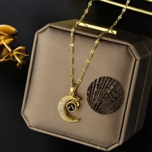 Ion Plating (IP) Real Gold Plated Moon Stainless Steel Retro Waterproof Non Tarnish Titanium Steel Pendant Necklace