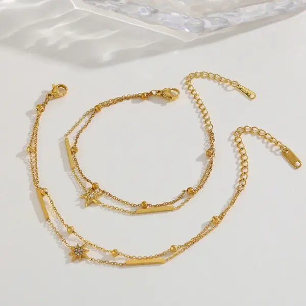 Geometric Star Stainless Steel 18K Gold Plated Zirconia Multi-Pendent Necklace Dual-Layer Bracelet Jewelry Set For Women