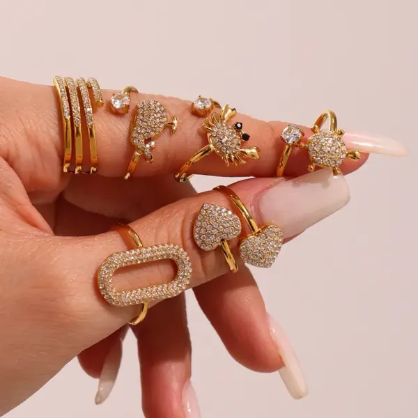 304 Stainless Steel Heart Shape Crab Whale PVD Coated Zircon Real Gold Plated Elegant Beach Shiny Waterproof Non Tarnish Plating Inlay Rings