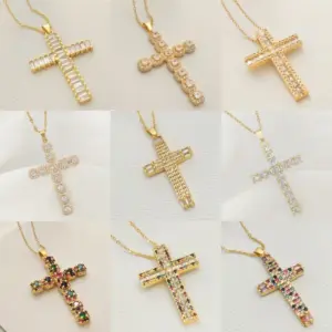 Wholesale Jewelry Commute Cross 201 Stainless Steel Glass Zircon Gold Plated Silver Plated Inlay Stainless Steel Necklaces
