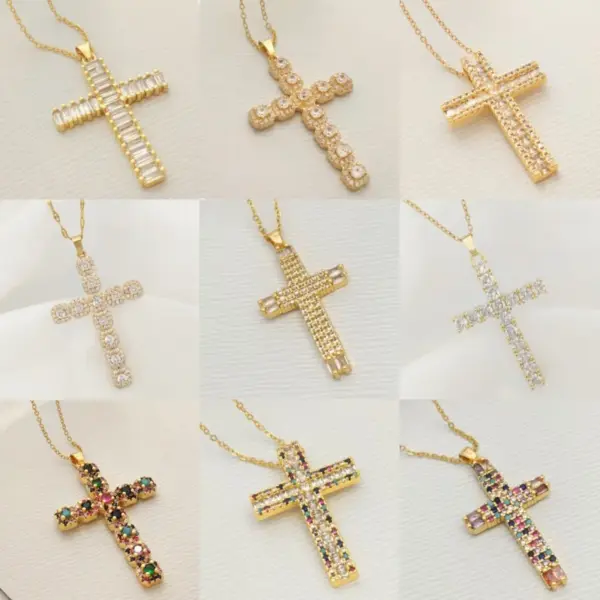 Wholesale Jewelry Commute Cross 201 Stainless Steel Glass Zircon Gold Plated Silver Plated Inlay Stainless Steel Necklaces