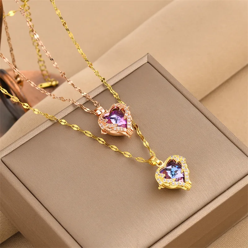 Wholesale Real Gold Plated 304 Stainless Steel Electroplated Rhinestones Heart Shape Waterproof Non Tarnish Plating Inlay Fashion Cable Chain Pendant Necklace For Women'S