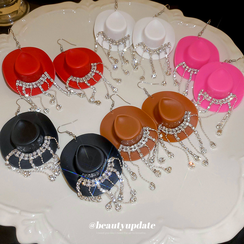 Wholesale Cowboy hat water op diamond tassel ear hook fashion personality creative long earop hot girl sweet cool wind earrings