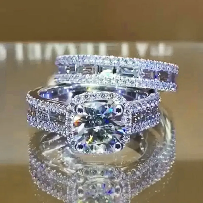 Wholesale New Square Copper Inlaid Zircon Two-piece Ring European And American Ladies Jewelry