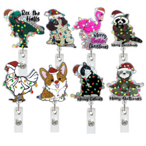 Wholesale Christmas glitter acrylic sloth dinosaur crane puppy retractable rotating alligator clip badge easy pull-up buckle