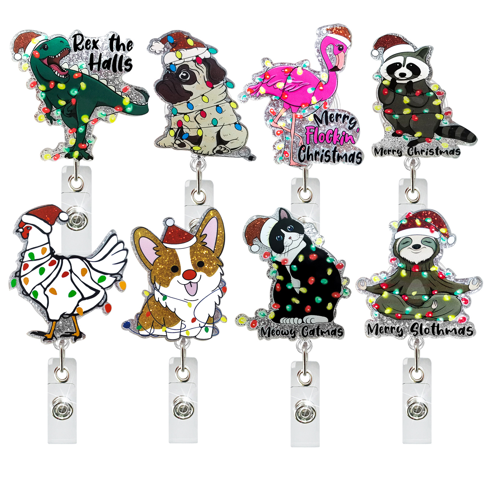 Wholesale Christmas glitter acrylic dinosaur crane ppy retractable rotating alligator clip badge easy pull- buckle