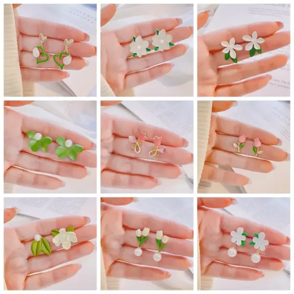 1 Pair Fairy Style Sweet Leaf Flower Spray Paint Inlay Imitation Pearl Alloy Cat's Eye Stone Zircon Earrings