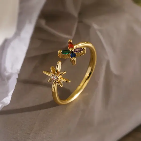 Wholesale Simple Style Flower Copper 18k Gold Plated Zircon Open Rings In Bulk