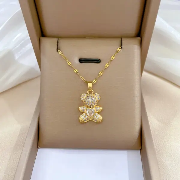 Wholesale Golden Plated 304 Stainless Steel Electroplating Zircon Animal Bear Cute Pendant Necklace For Women'S