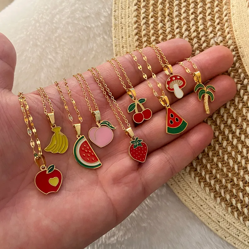 Wholesale PVD Coated 18K Gold Real Plated Cherry Strawberry Watermelon 304 Stainless Steel Casual Elegant Lady Waterproof Non Tarnish Pendant Necklace