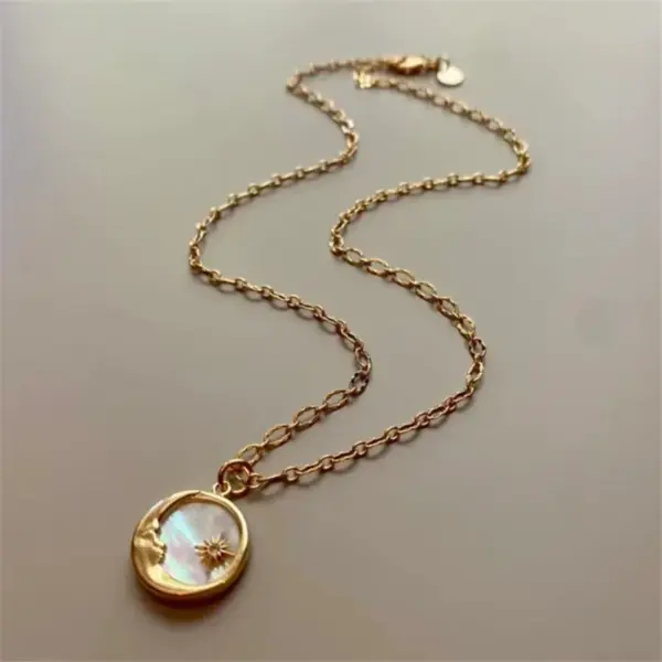 Wholesale Jewelry Ethnic Style Sun And Moon Totem Stainless Steel Natural Fritillary Inlay Pendant Necklace