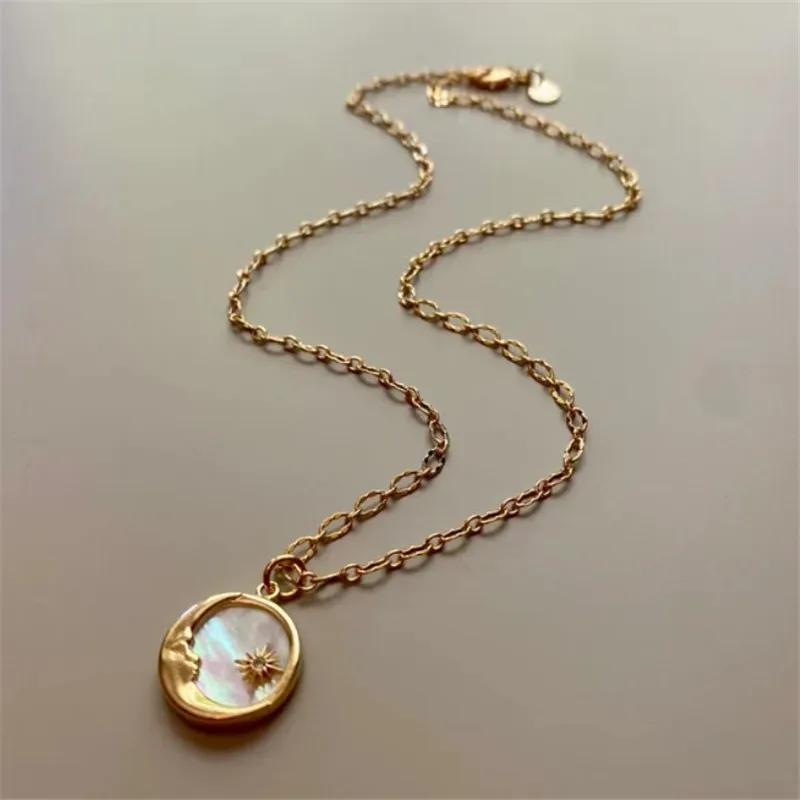 Wholesale Jewelry Ethnic Style Sun And Moon Totem Stainless Steel Natural Fritillary Inlay Pendant Necklace
