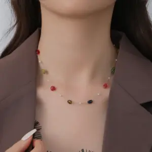 【XKN0208】Colorful Stone Pearl Necklace / Gold