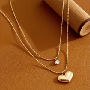 X0343-Double Layer Heart Necklace- Gold