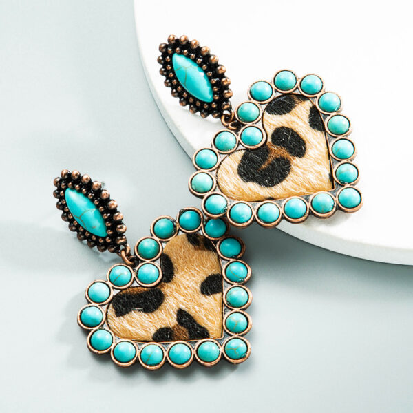 Wholesale Amazon fashion explosions earrings Europe and the United States creative leopard fabric inlaid turquoise love exaggerated niche ear jewelry