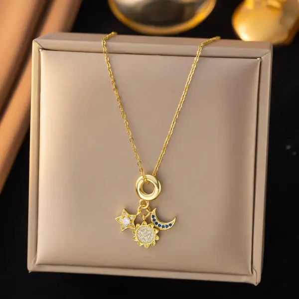 Wholesale 316 Stainless Steel Copper Sun Star Moon Electroplated 18K Real Gold Plated Elegant Cable Chain Pendant Necklace