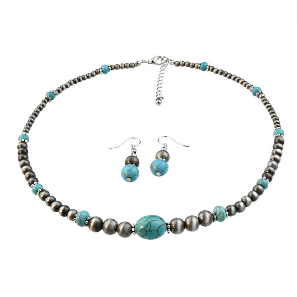 oly-ae82dabd8e685fd3df2a9c2060dd0d66 Wholesale European and American Retro Ethnic Turquoise Necklace Earrings suit Female Niche Design Ancient Silver Beaded Autumn and Winter Jewelry