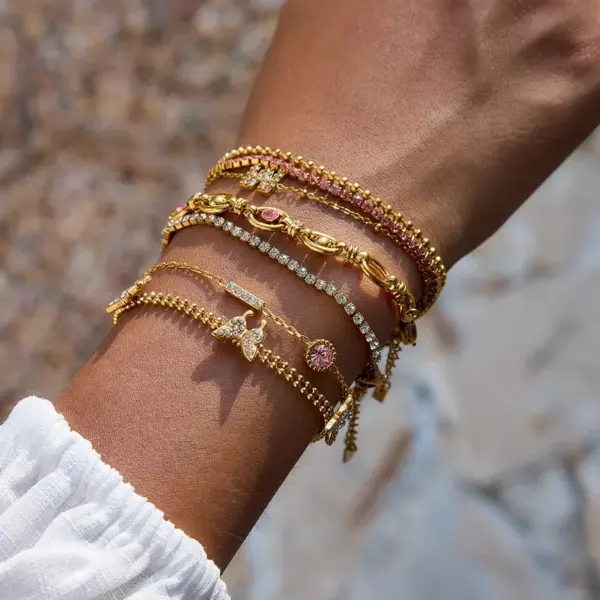 304 Stainless Steel M-Shaped Round Butterfly PVD Coated Real Gold Plated Casual Lady Waterproof Non Tarnish Micro Ser Whisper Thin Chain Bracelets
