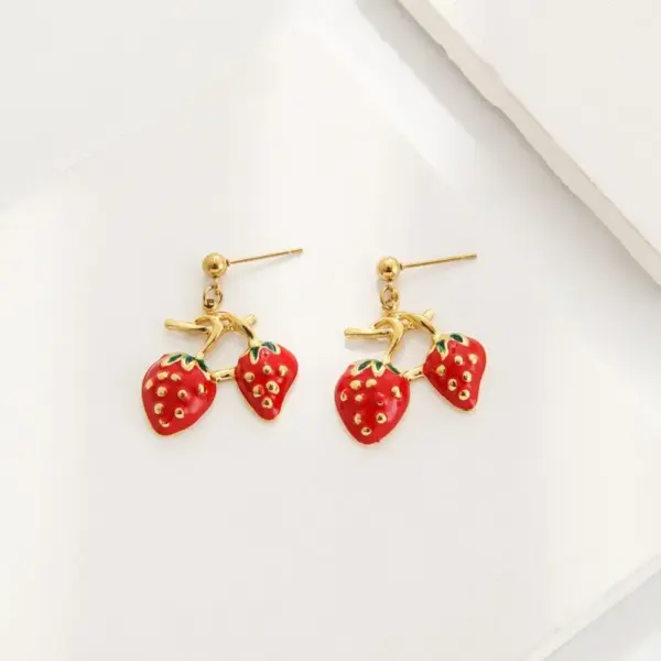 Wholesale Jewelry Sweet Cherry Strawberry 304 Stainless Steel Enamel Plating Earrings Necklace Snake Chain