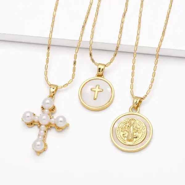 Wholesale Copper Bamboo Necklace 18K Gold Plated Plating Inlaid Shell Cross Virgin Mary Pendant Necklace