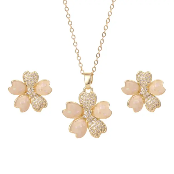 Wholesale Fashionable Gemstone Jewelry Set For Women Three Piece Ti Steel Floral Pattern Necklace Earrings Rings Style