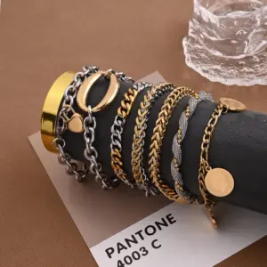 Wholesale Casual Vacation Color Block 304 Stainless Steel 18K Gold Plated Cuban Link Chain Curb Chain Handmade Chain Bracelets In Bulk