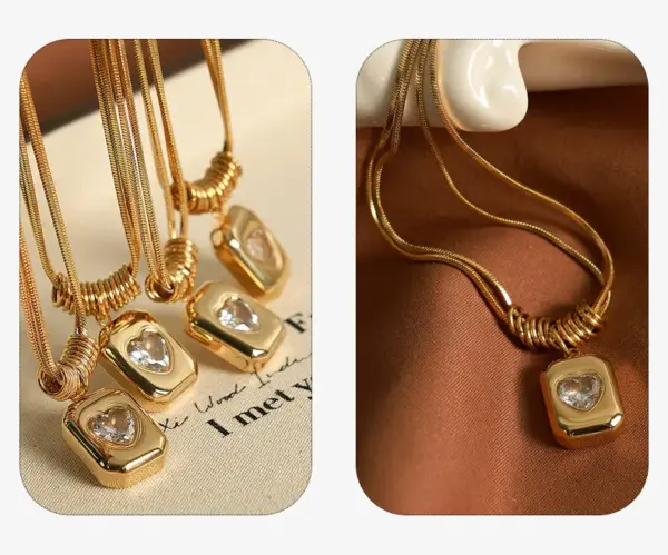 Wholesale 304 Stainless Steel Geometric Heart Shape PVD Coated Zircon 18K Gold Plated Casual Elegant Vintage Style Plating Inlay Gold Pendant Necklace