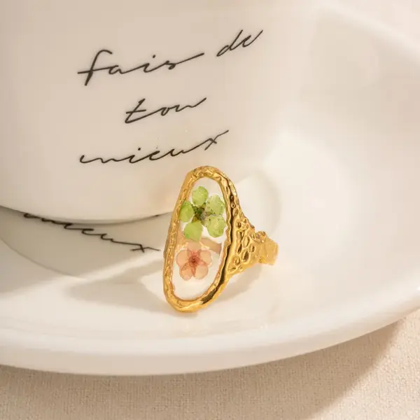 Wholesale Jewelry Elegant Retro Dried Flower 304 Stainless Steel PVD Coated Plating Open Rings