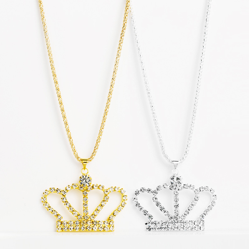 Wholesale European and American fashion all-match full diamond crown hollow lady pendant necklace long diamond sweater chain cross-border sply
