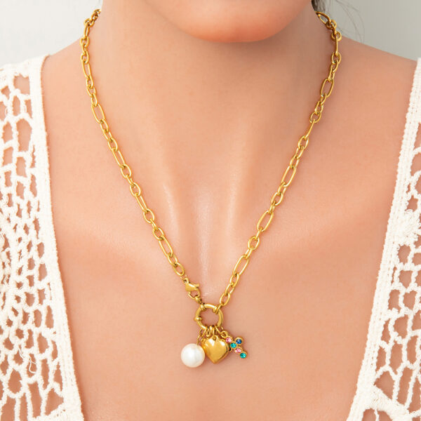 Wholesale Cross-Border Stainless Steel Necklace Ins Style Handmade DIY Niche 18K Gold Necklace Pearl Heart Pendant Jewelry for Women