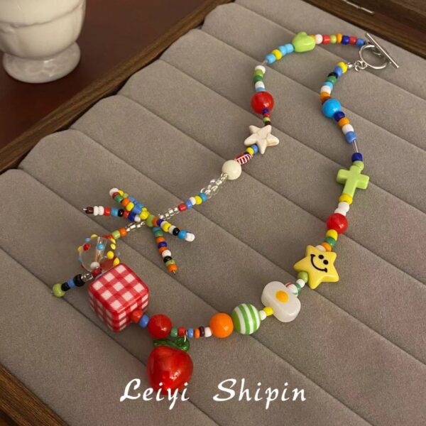 Wholesale Summer Dopamine Color Beaded Necklace Exquisite Niche Sweet Necklace Elegant Bow Clavicle Chain Choker
