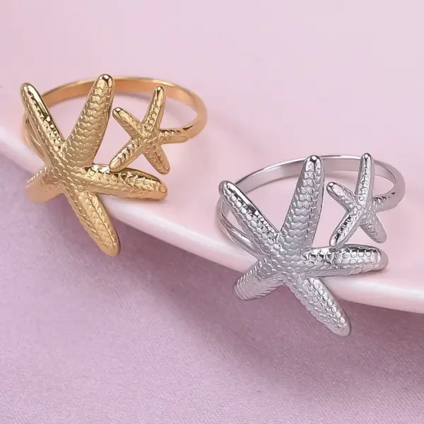 Wholesale Ion Plating (IP) Real Gold Plated 18K Gold Starfish 304 Stainless Steel Casual Marine Style Waterproof Non Tarnish Open Rings