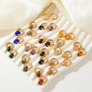 Wholesale PVD Coated K Gold Plated Round 304 Stainless Steel Natural Stone Retro Simple Style Waterproof Non Tarnish Hoop Earrings