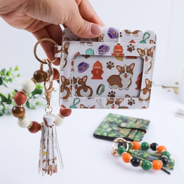 Wholesale New wooden bead bracelet, card holder, keychain, PU tassel beaded printed animal wallet/card holder