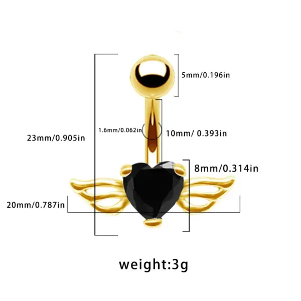 Wholesale 1 Piece Belly Rings Casual Simple Style Heart Shape Wings 316L Stainless Steel Alloy Waterproof Non Tarnish Surgical Steel Zircon Plated Gold Plated Silver Plated