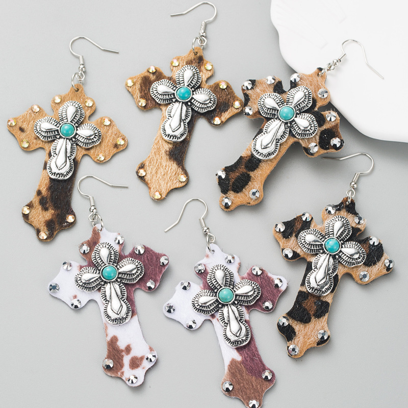 Wholesale Amazon Explosions Earrings European and American Trend Leopard Leather Cross Earrings Alloy Set Turquoise Exaerated Earrings
