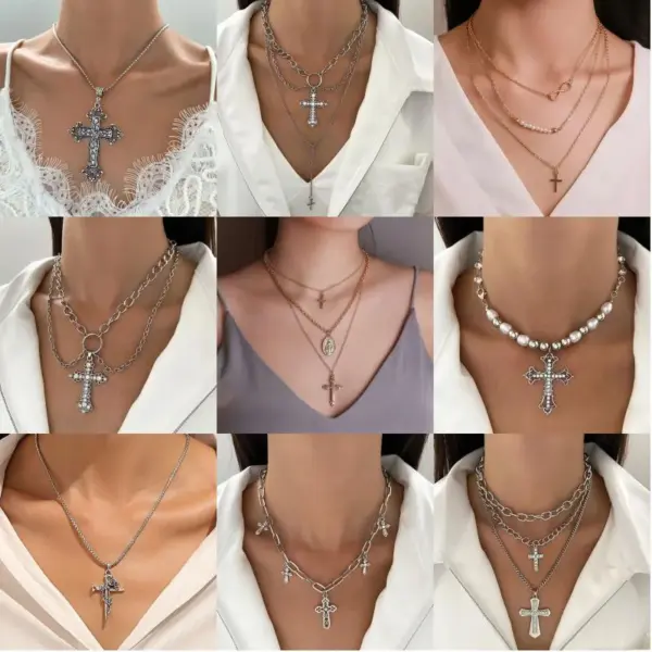 Wholesale Stainless Steel Copper Metal IG Style Plating Inlay Cross Rhinestones Zircon Artificial Pearls Necklace