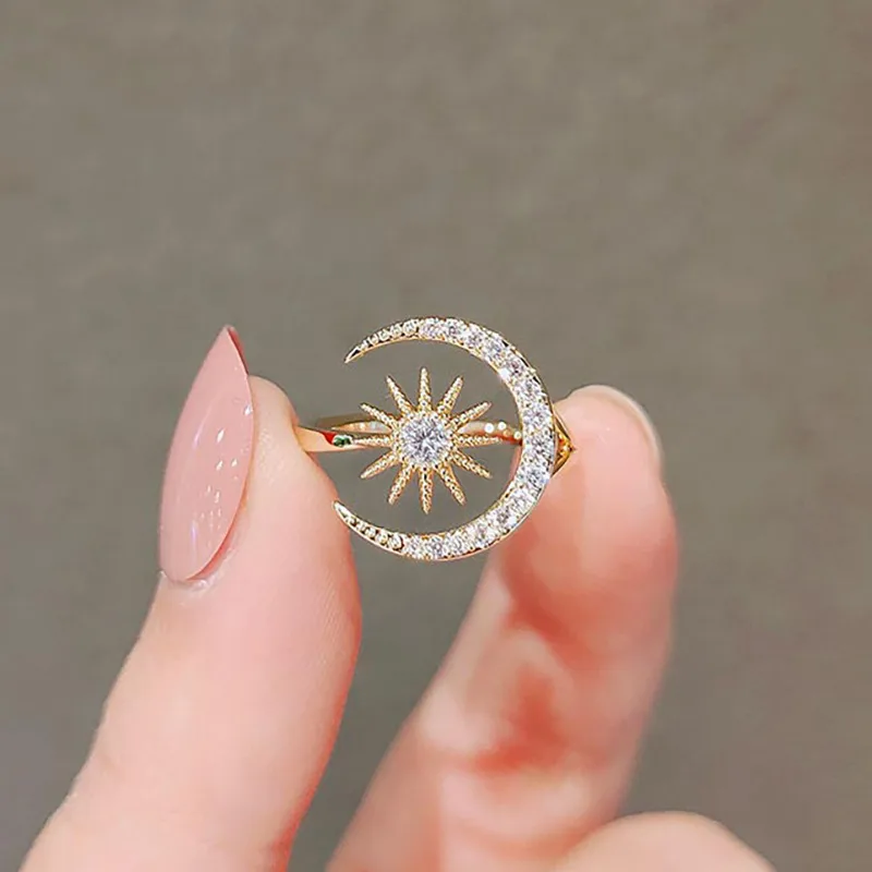 Wholesale Shiny Star Moon Copper Inlay Zircon Open Rings